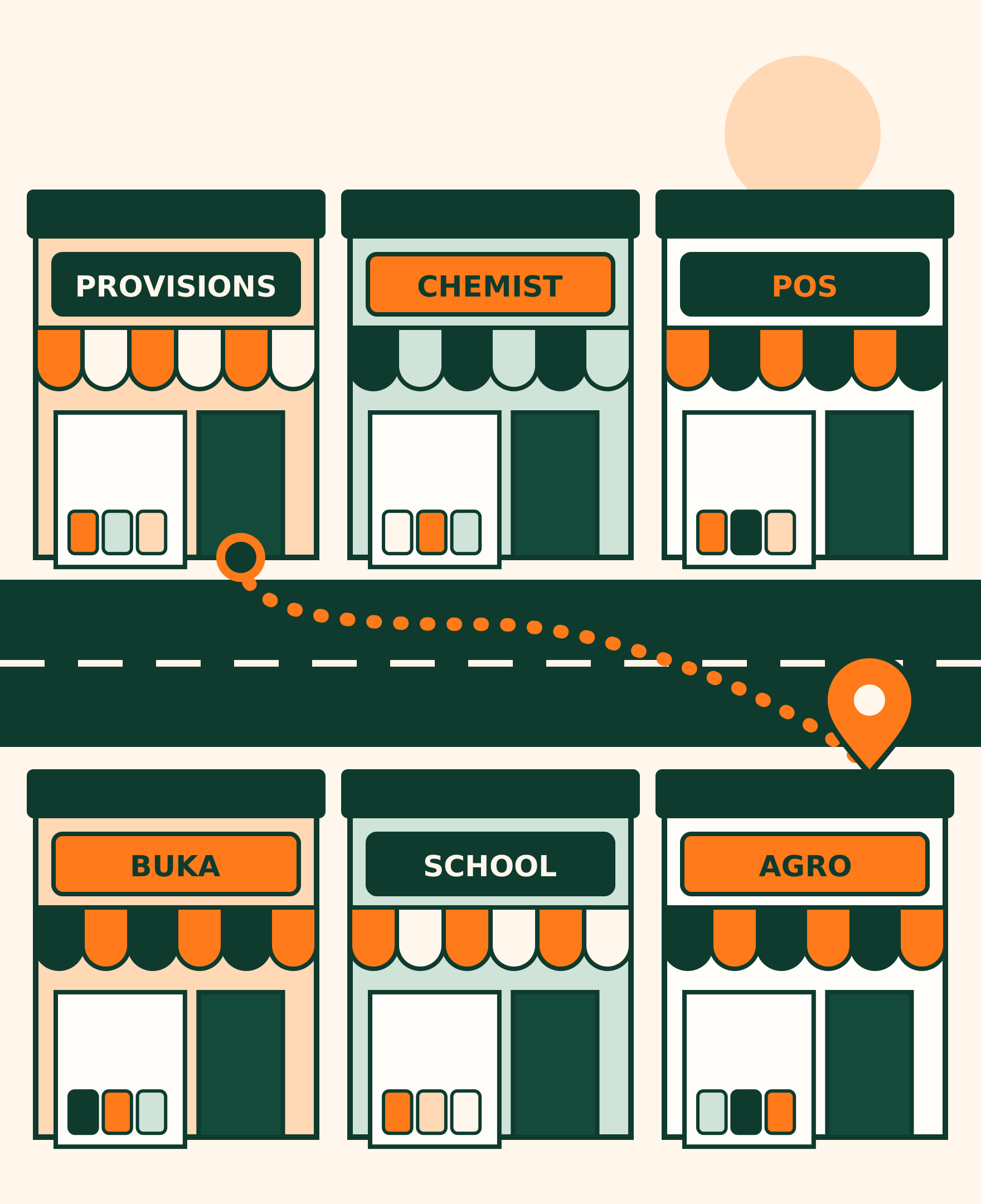 Illustration of a street of offline shops with an orange route running past them