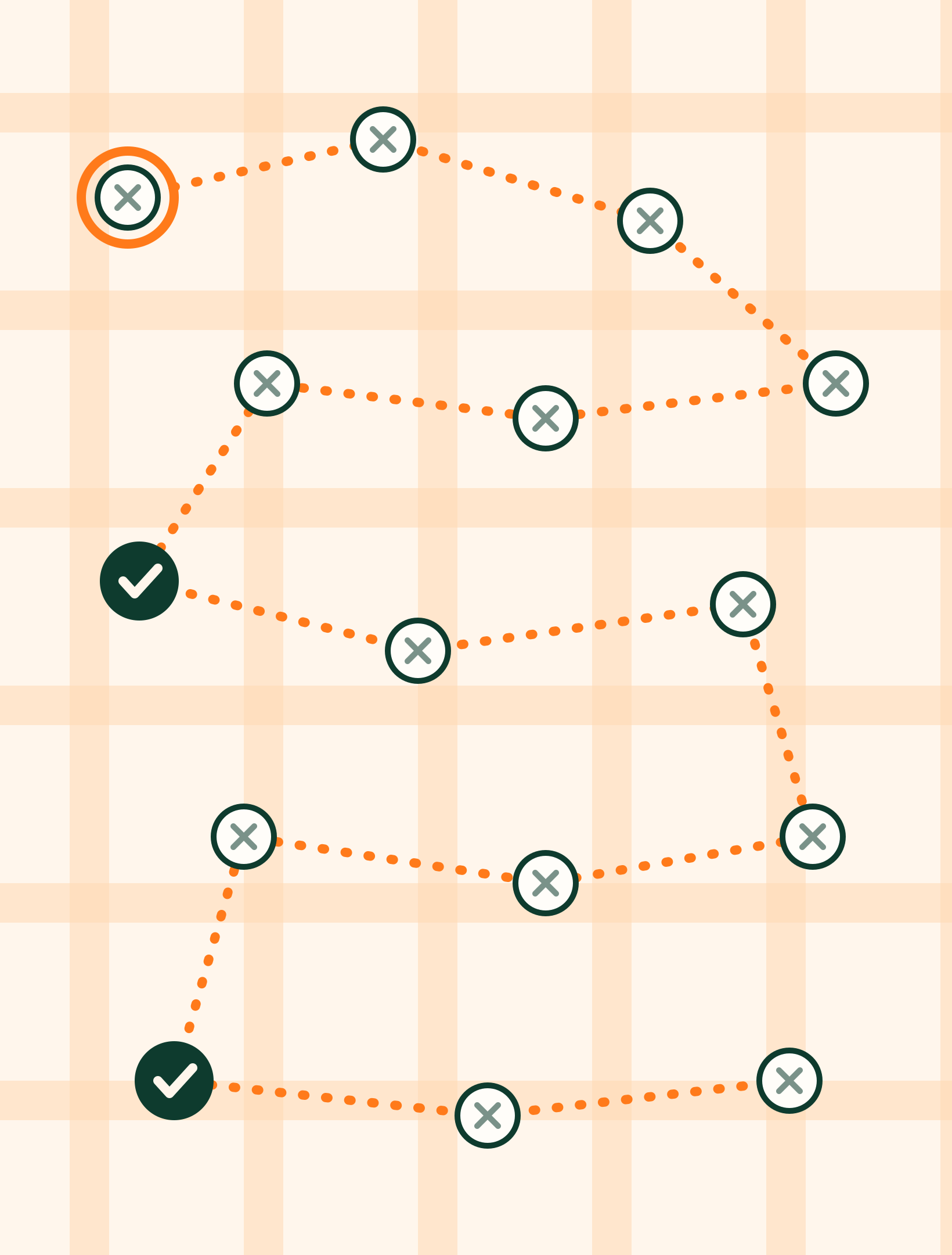 Illustration of a street map with a sales route through fifteen shops: thirteen crossed out, two ticked
